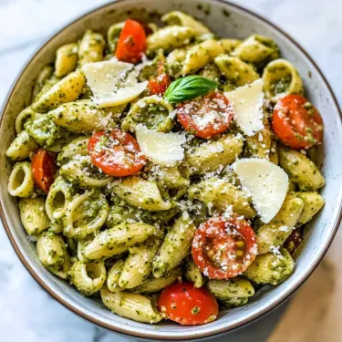 A bowl of pasta with tomatoes and basil.
