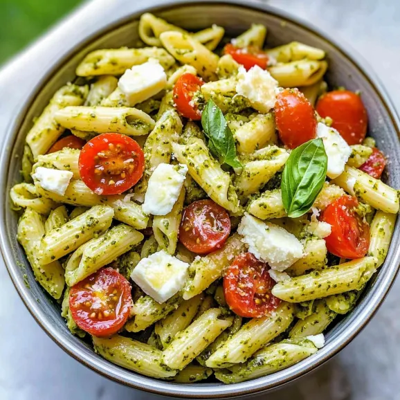 A bowl of pasta with tomatoes and cheese.