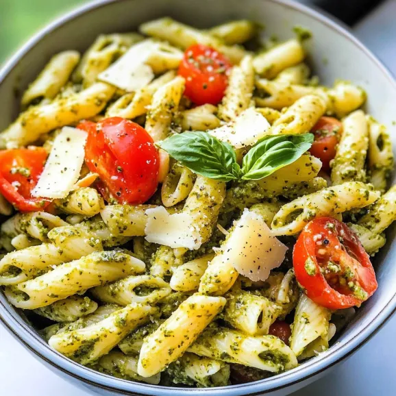 A bowl of pasta with tomatoes and basil.