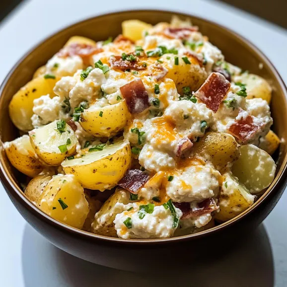 A bowl of food with potatoes and cheese.