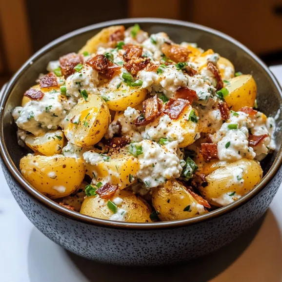 A bowl of food with potatoes and bacon.
