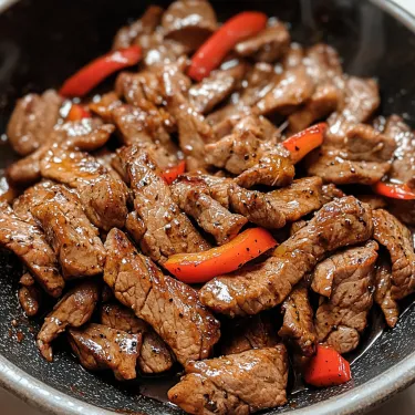 A bowl of beef with peppers.