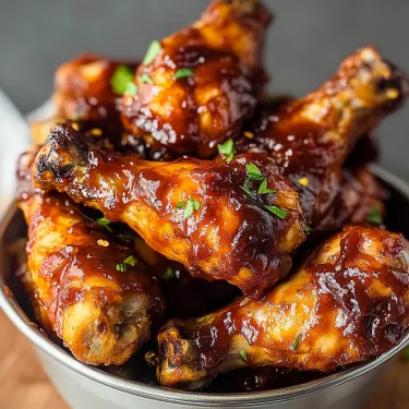 A bowl of barbecue sauce covered wings.