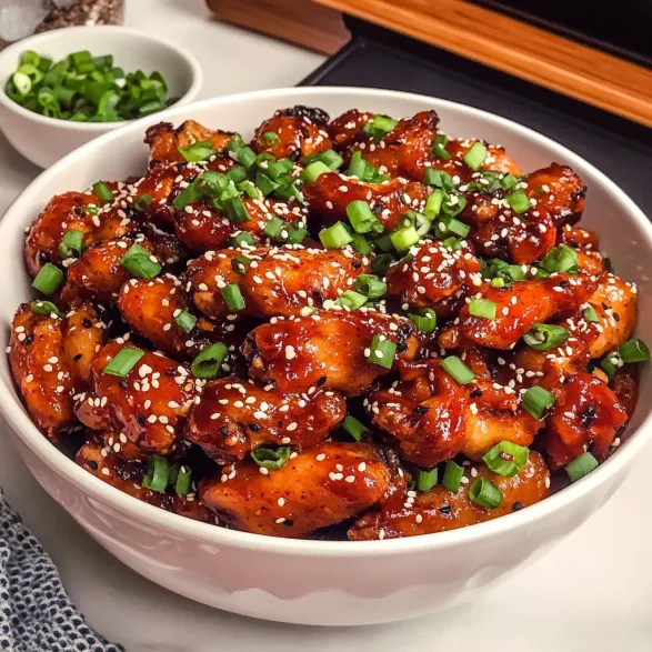 A bowl of chicken with green onions.
