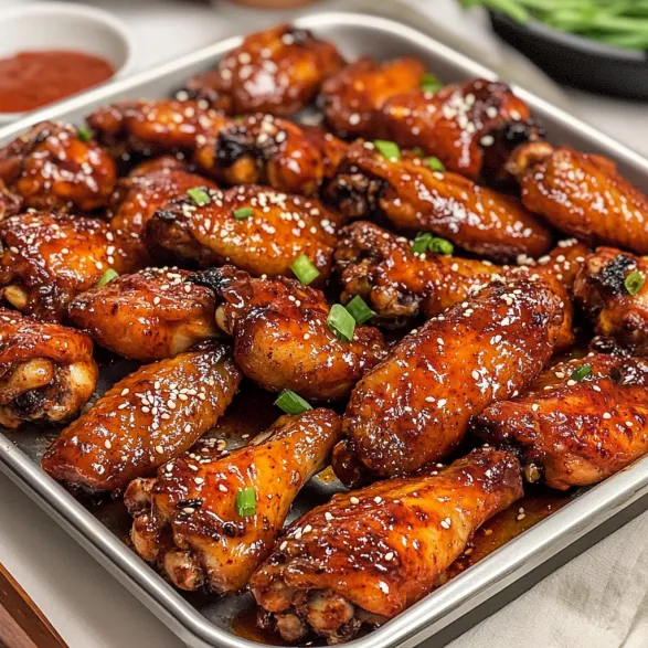A pan of chicken wings with sauce.