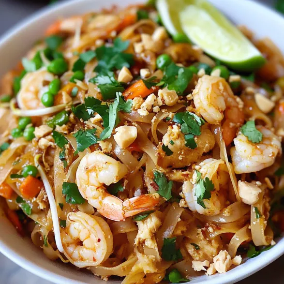 A bowl of shrimp and noodles.