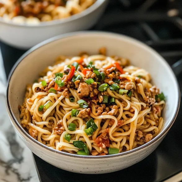 A bowl of noodles with meat and vegetables.