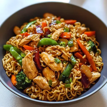 A bowl of noodles with chicken and vegetables.
