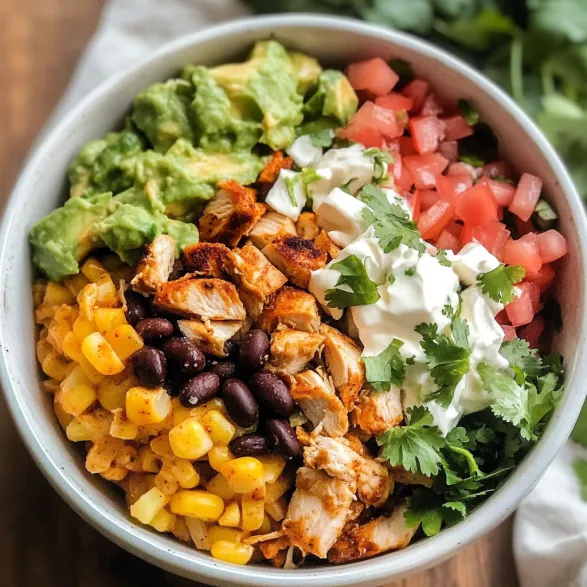 A bowl of food with chicken, beans, corn, and avocado.