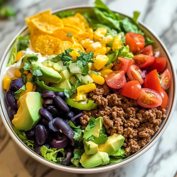 A bowl of salad with various vegetables and meat.