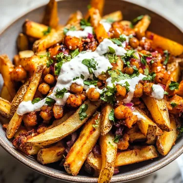 A bowl of fries with white sauce.