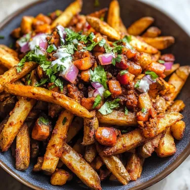 A bowl of french fries with a white sauce.