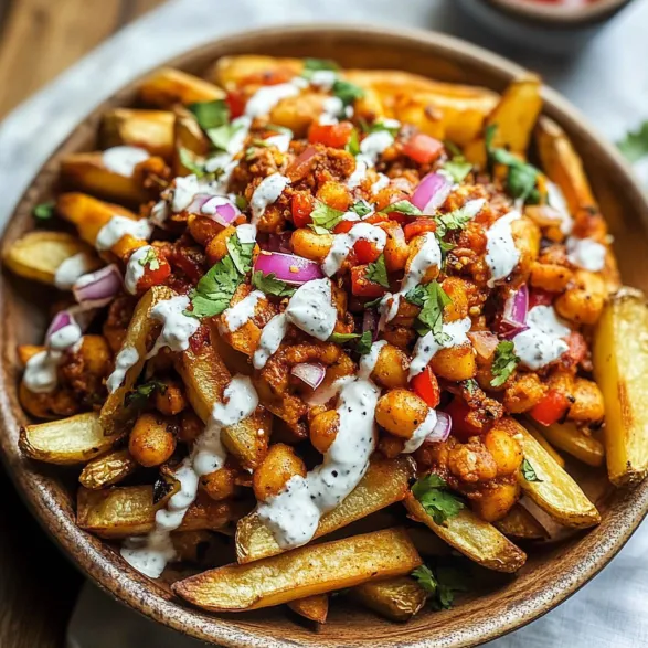 A bowl of chili fries with white sauce.