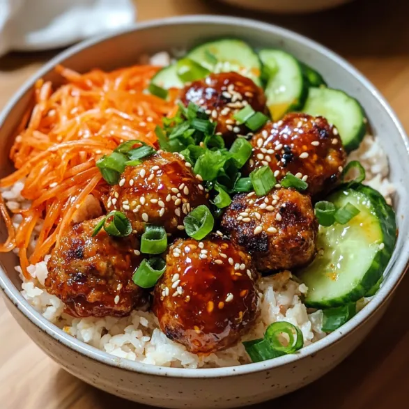 A bowl of food with meatballs, rice, and vegetables.
