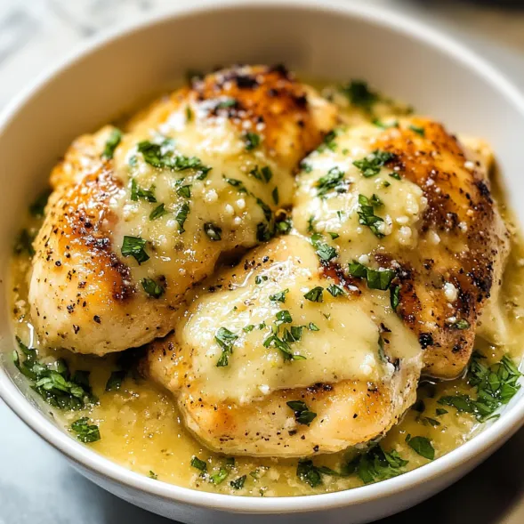 A bowl of chicken with cheese and herbs.
