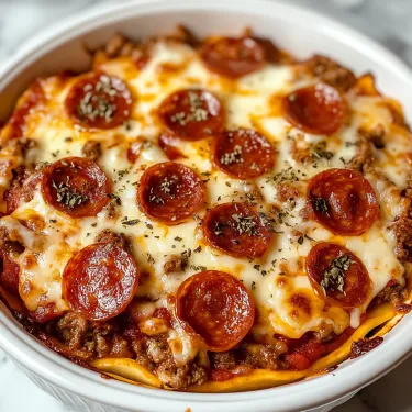 A bowl of pizza with pepperoni and cheese.