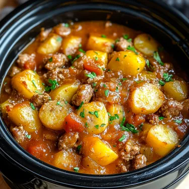 A bowl of stew with meat and potatoes.