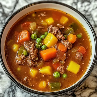 A bowl of soup with meat and vegetables.