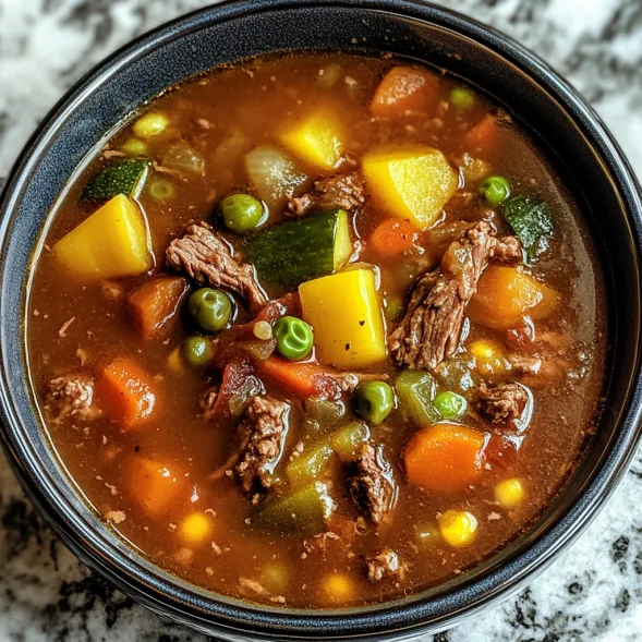 A bowl of soup with meat and vegetables.