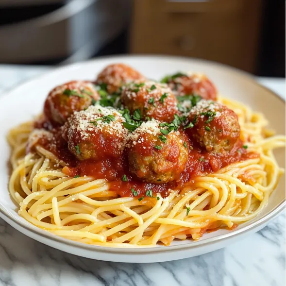 A plate of pasta with meatballs on top.