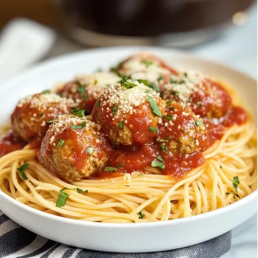 A plate of spaghetti with meatballs.