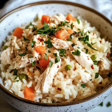 A bowl of rice with chicken and vegetables.