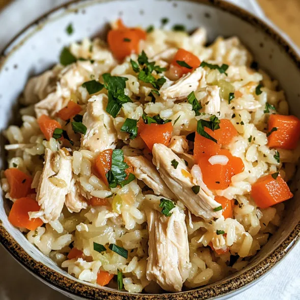 A bowl of rice with chicken and vegetables.