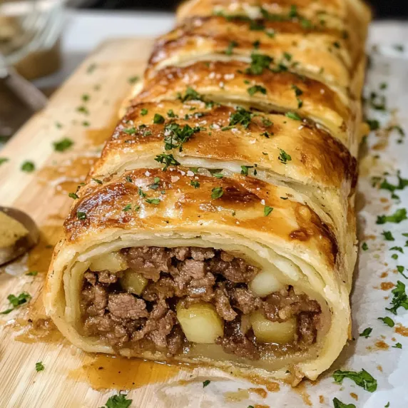 A meat filled pastry on a wooden cutting board.