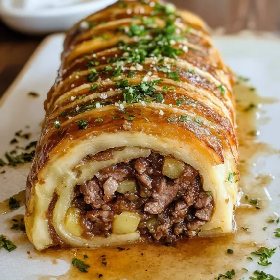 A meat roll with sauce on a plate.