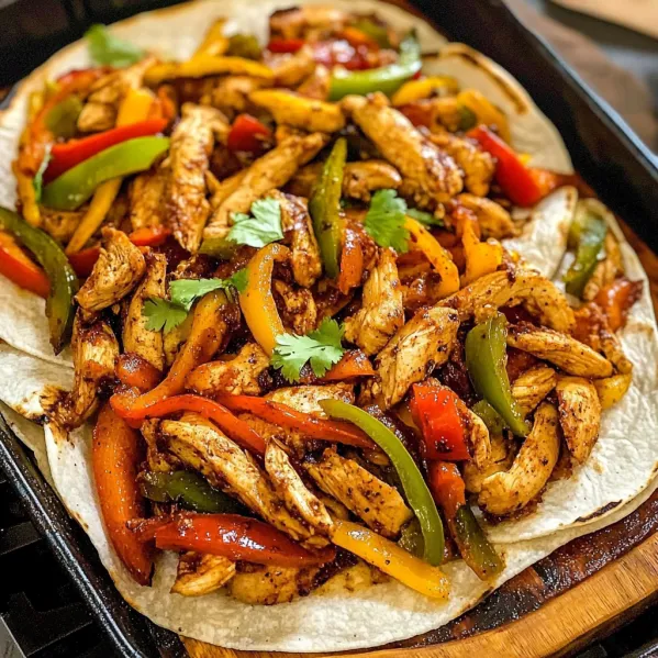 A taco with chicken, peppers, and onions.
