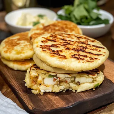 Two pancakes stacked on a wooden cutting board.
