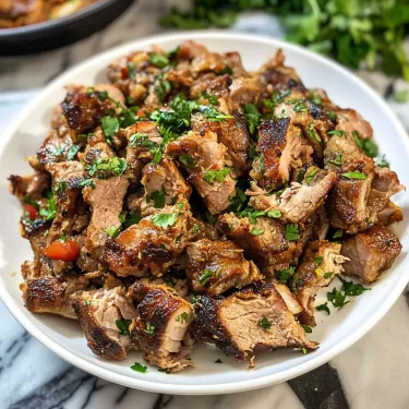 A white plate with meat on it.