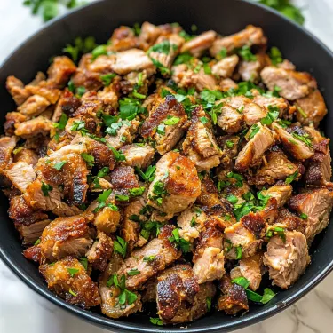 A bowl of meat with green toppings.