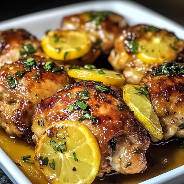 A plate of chicken with lemon slices on top.