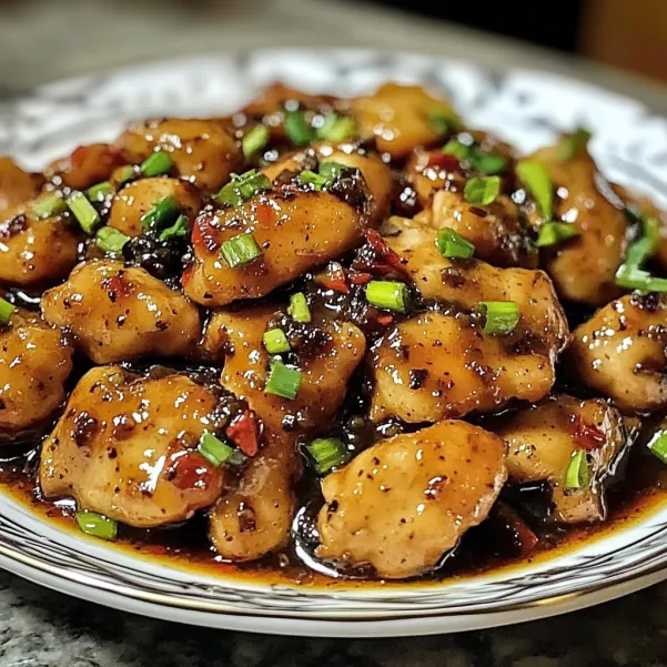 A plate of food with chicken and green onions.