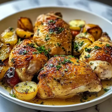 A plate of chicken with potatoes and herbs.