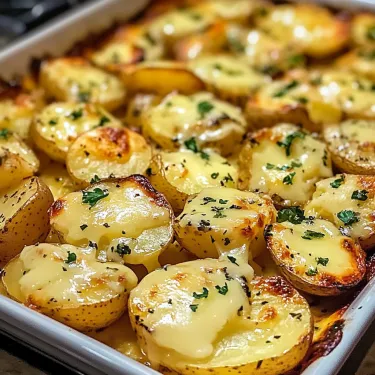 A white dish with a cheese and potato casserole.