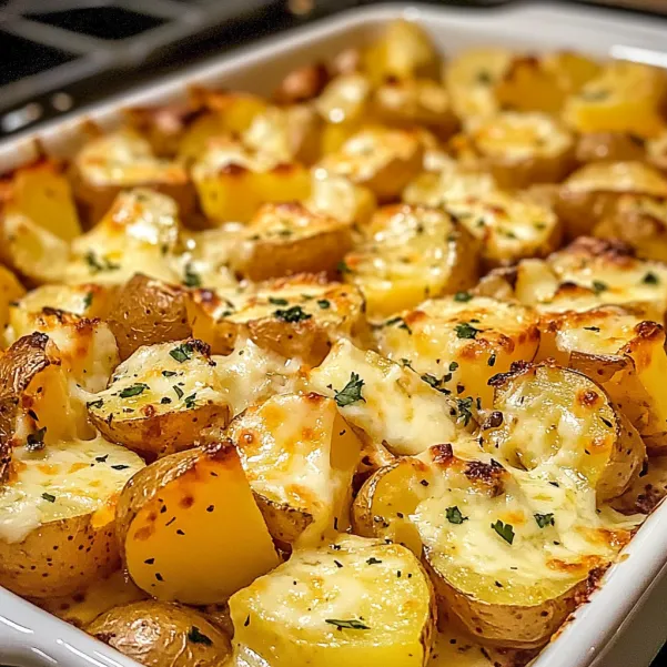 A white bowl filled with potatoes and cheese.