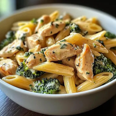 A bowl of pasta with chicken and broccoli.