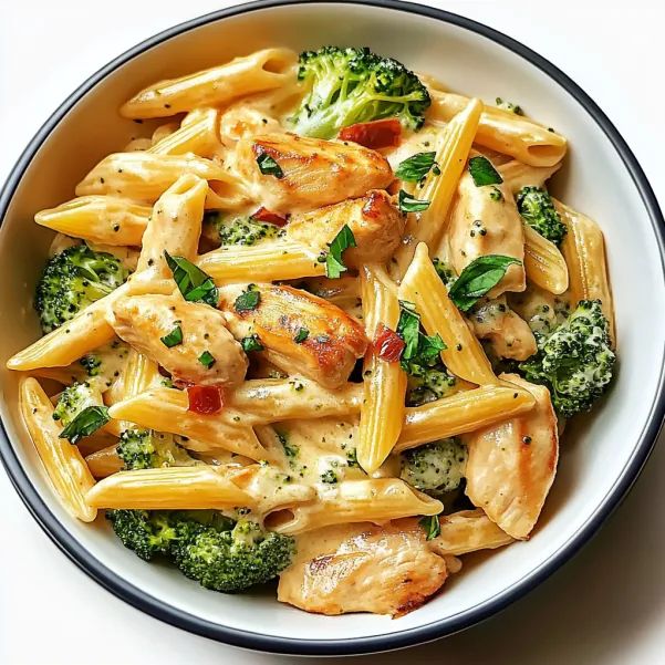 A bowl of pasta with chicken and broccoli.