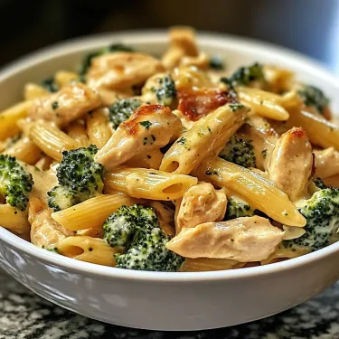 A bowl of pasta with chicken and broccoli.