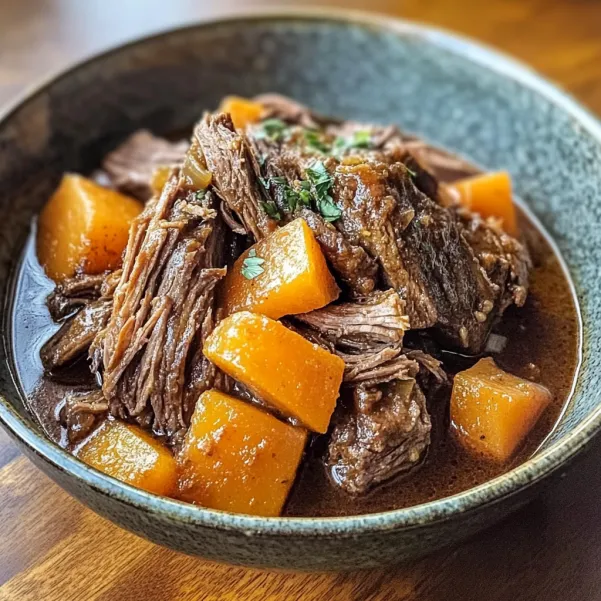 A bowl of beef stew with carrots.