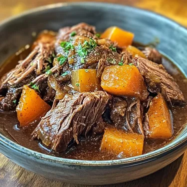 A bowl of beef stew with carrots.