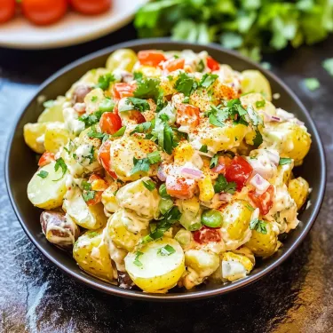 A bowl of food with potatoes, tomatoes, and green onions.