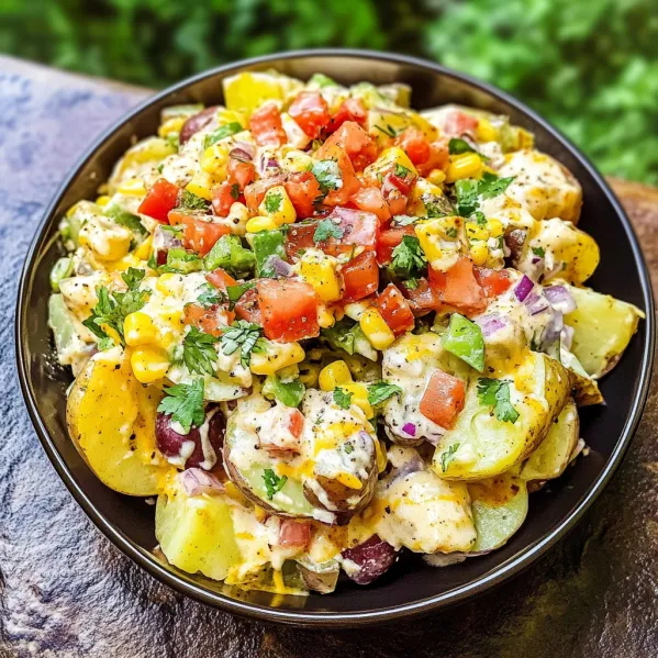 A bowl of food with tomatoes, corn, and potatoes.