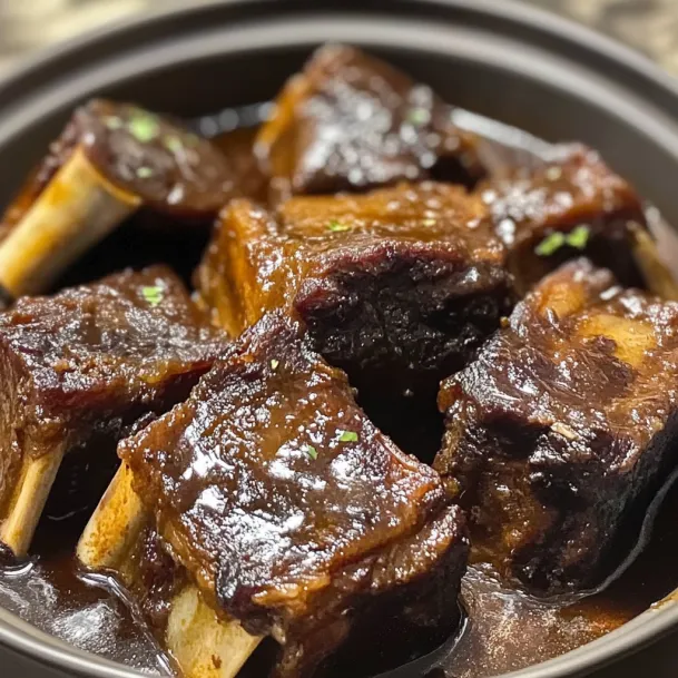 A bowl of meat with a green toothpick in it.