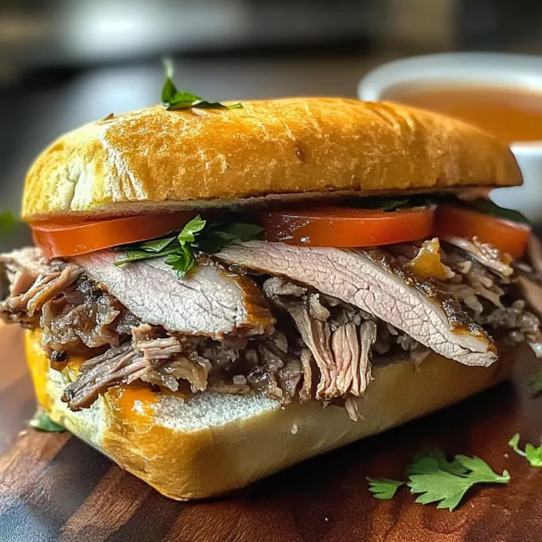 A sandwich with meat and tomatoes.