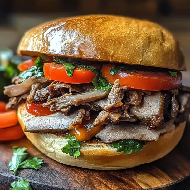 A sandwich with meat and tomatoes.
