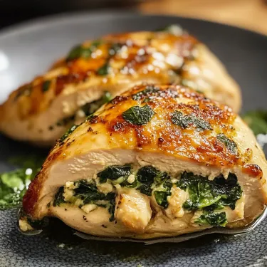Two pieces of chicken with greens on a plate.