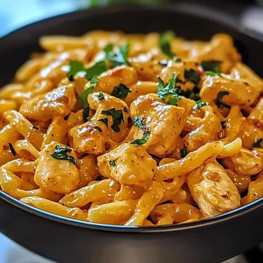 A bowl of pasta with chicken and herbs.